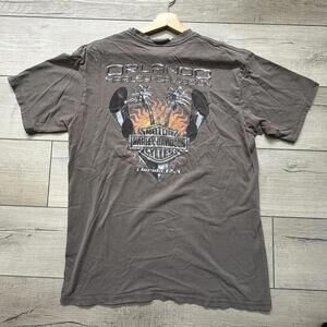 VTG Harley-Davidson Orlando T-Shirt Brown USA Made Flame Size L Y2K Disdressed